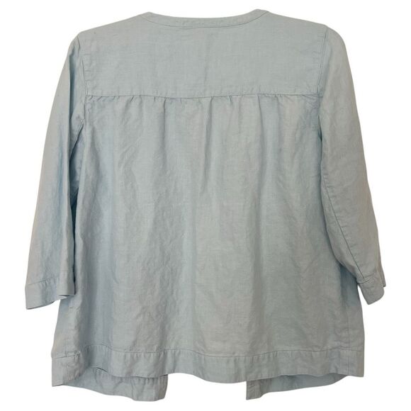 J. Jill Collarless Linen Jacket Medium Blue Beachy Coastal Top Pockets Old Money - Picture 3 of 9